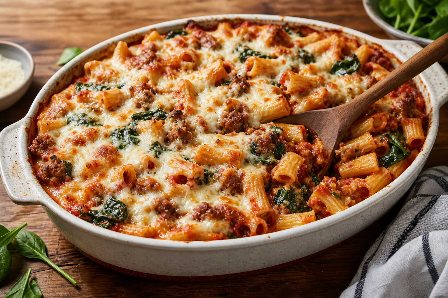 Baked Ziti with Sausage and Spinach