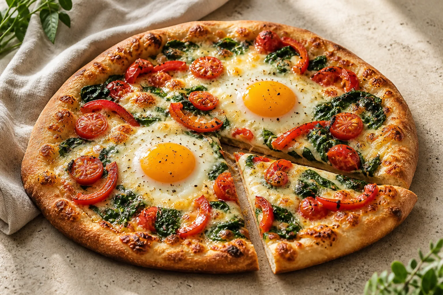 Breakfast pizza with baked eggs, spinach, peppers, and tomatoes