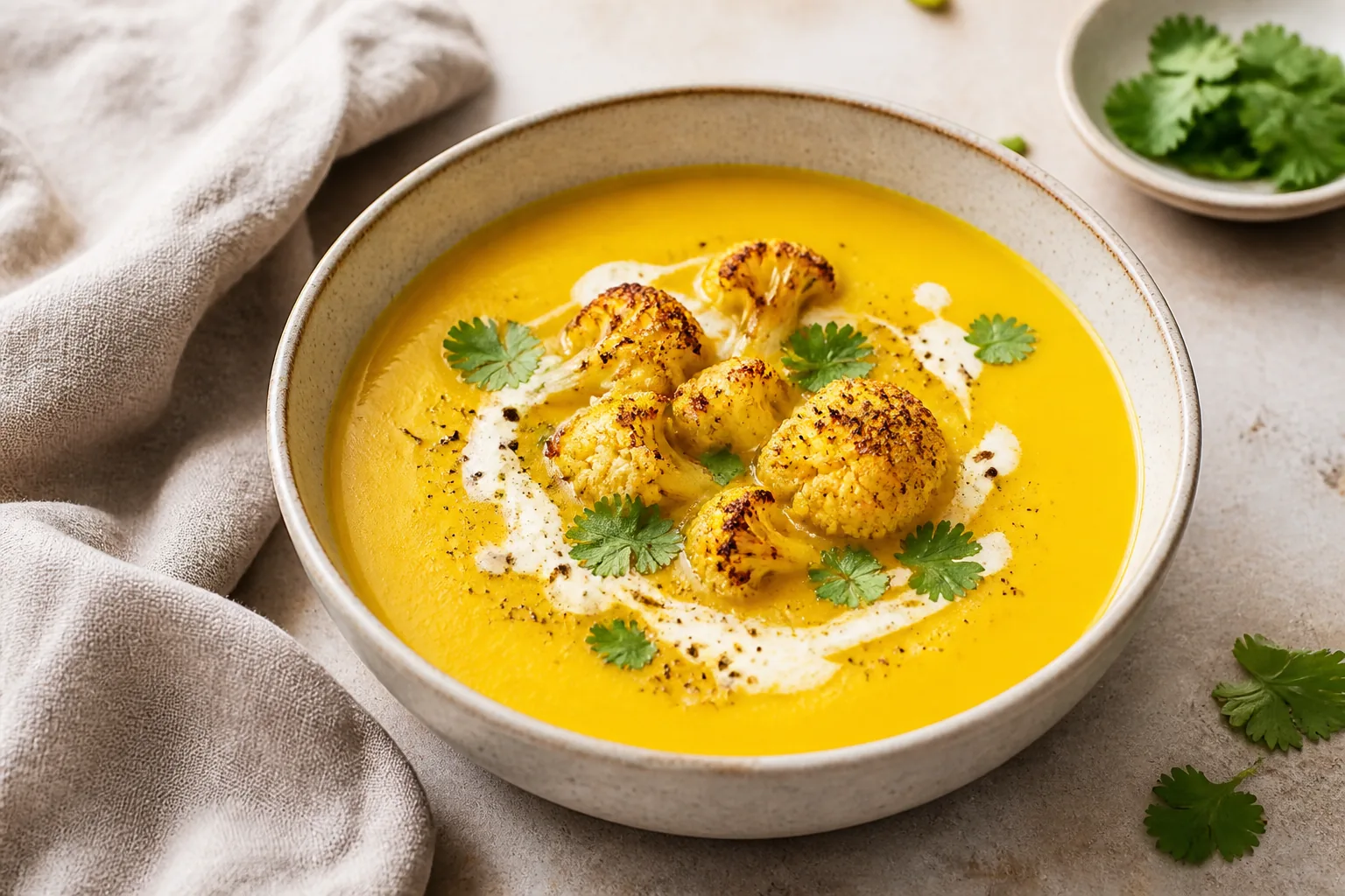 Roasted cauliflower turmeric soup with coconut milk, herbs, and black pepper