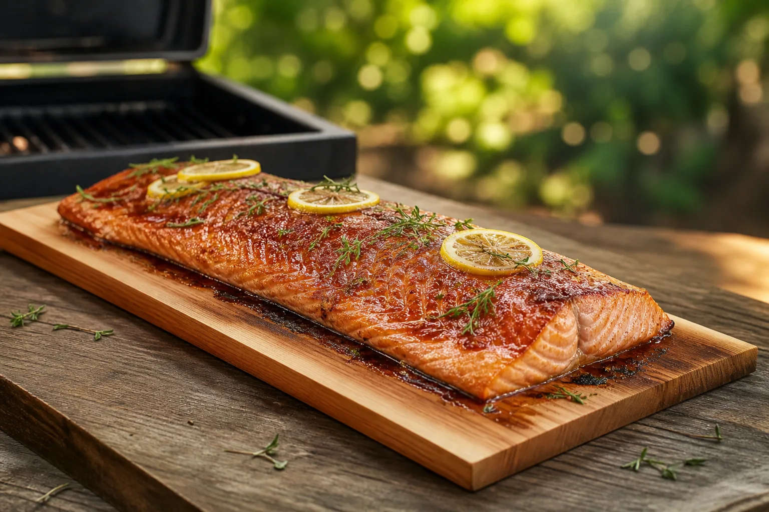 Cedar plank grilled salmon with maple glaze, lemon, and fresh herbs