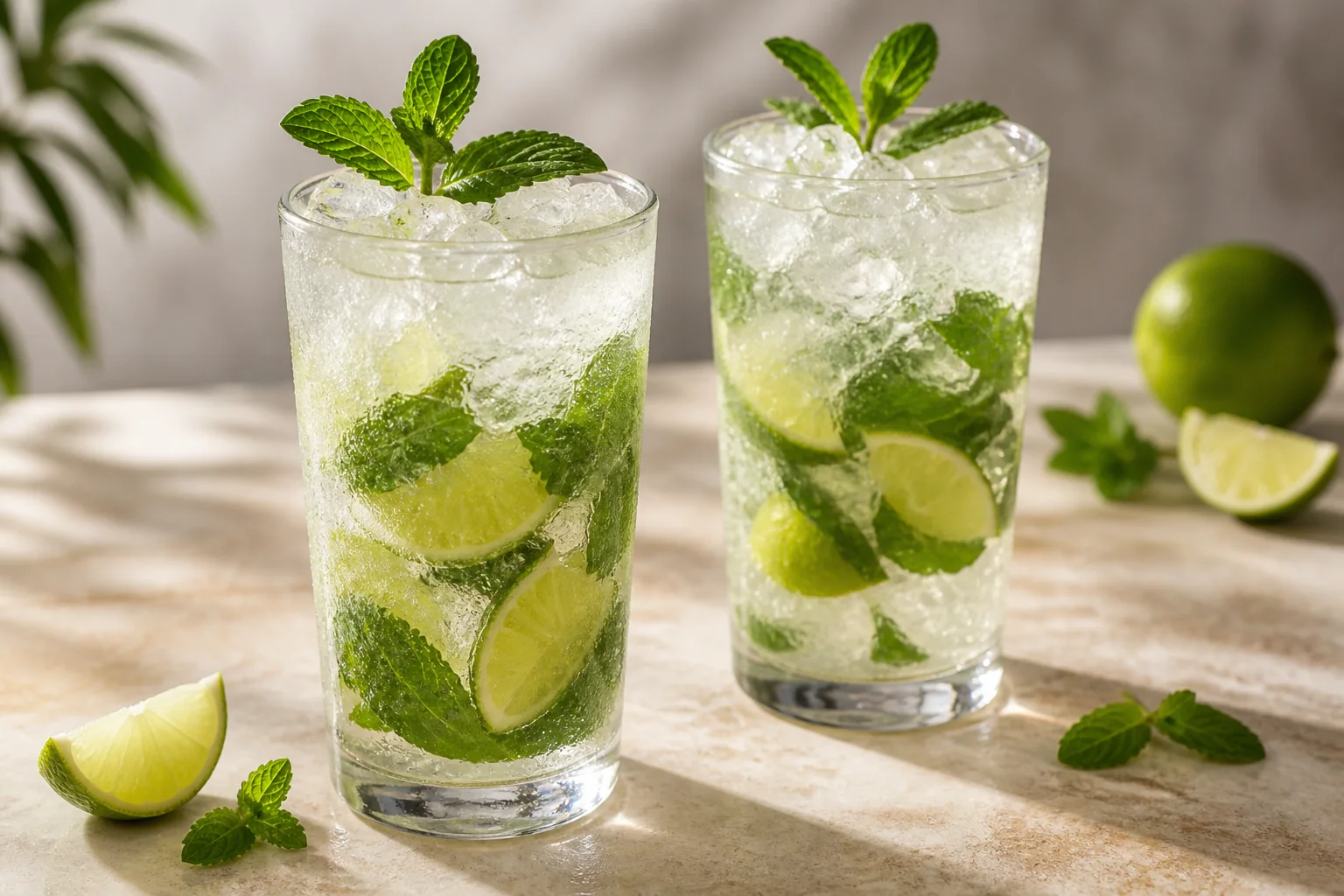 Two classic virgin mojitos with lime, mint, crushed ice, and sparkling water