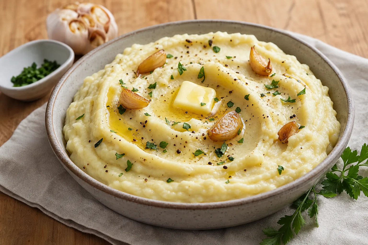 Creamy garlic mashed potatoes with melted butter, roasted garlic, parsley, and black pepper