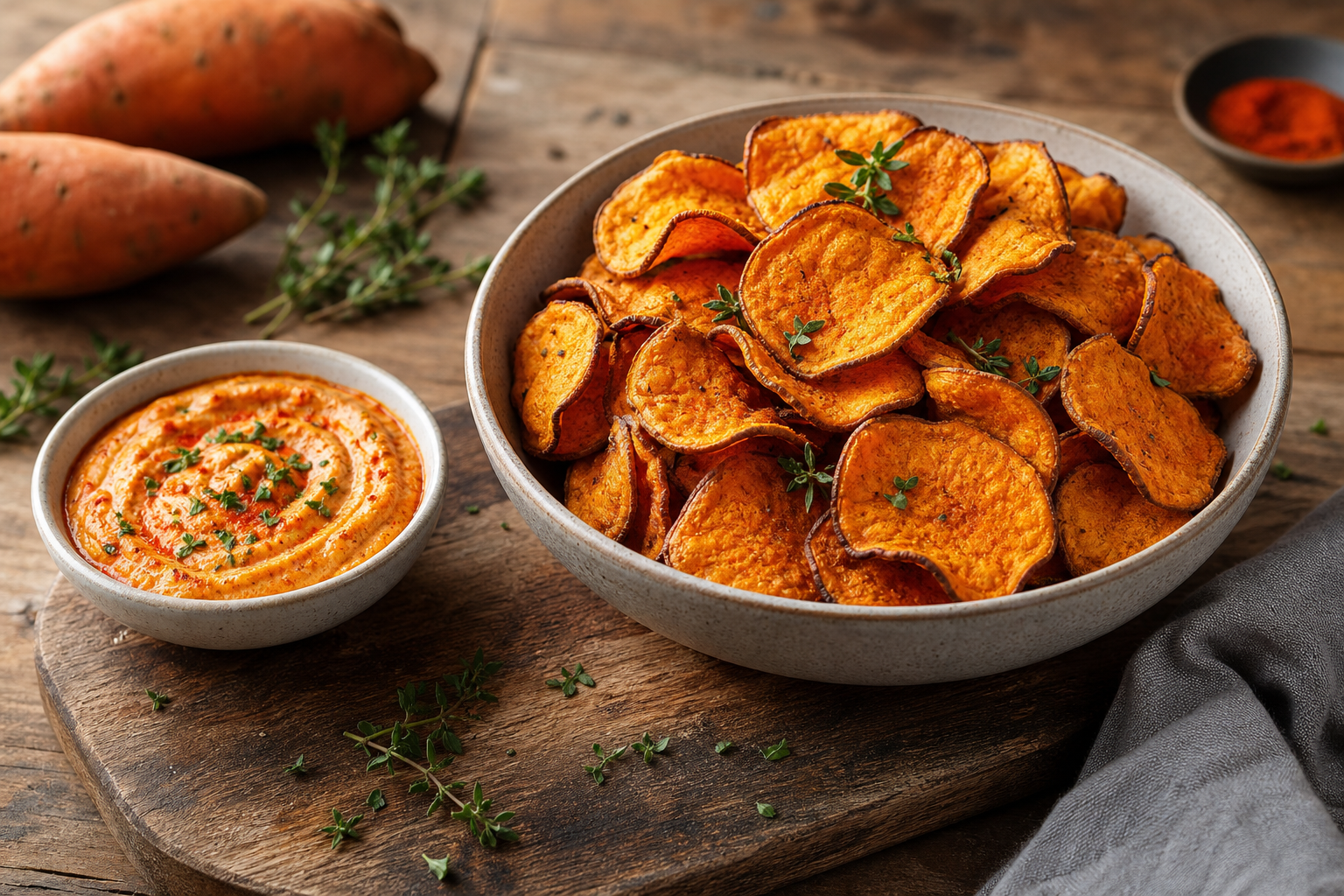 Crispy Baked Sweet Potato Chips with Spicy Paprika Dip