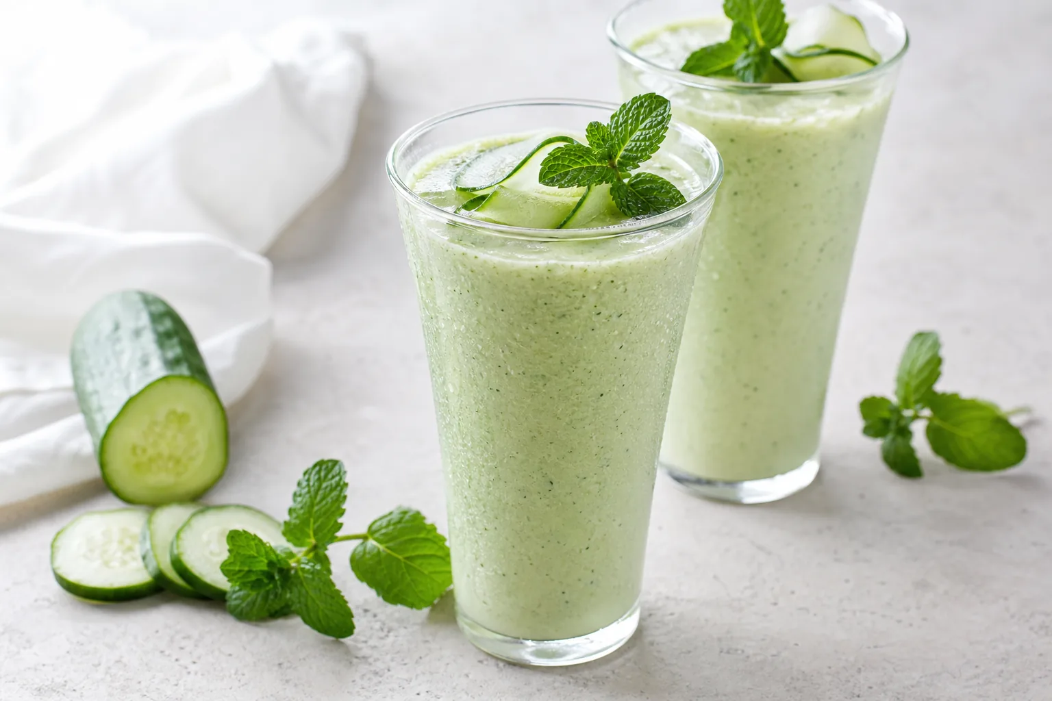 Chilled cucumber mint lassi garnished with fresh cucumber ribbons and mint