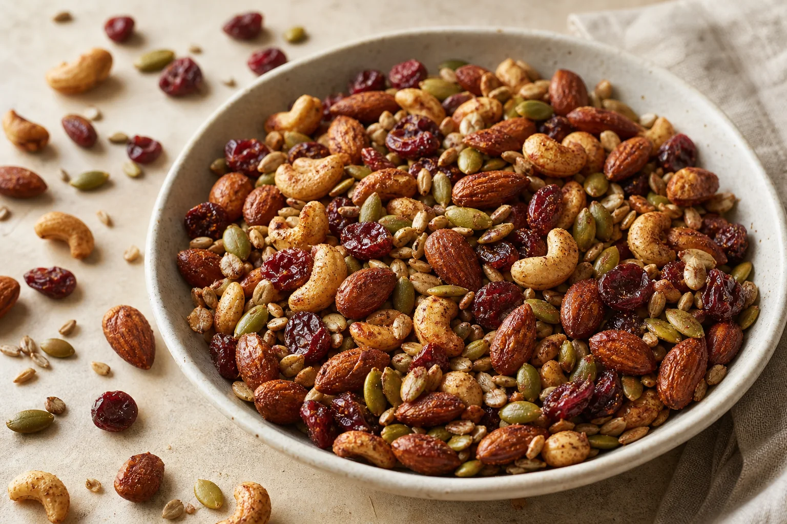 Homemade spiced trail mix with roasted almonds, cashews, seeds, and cranberries