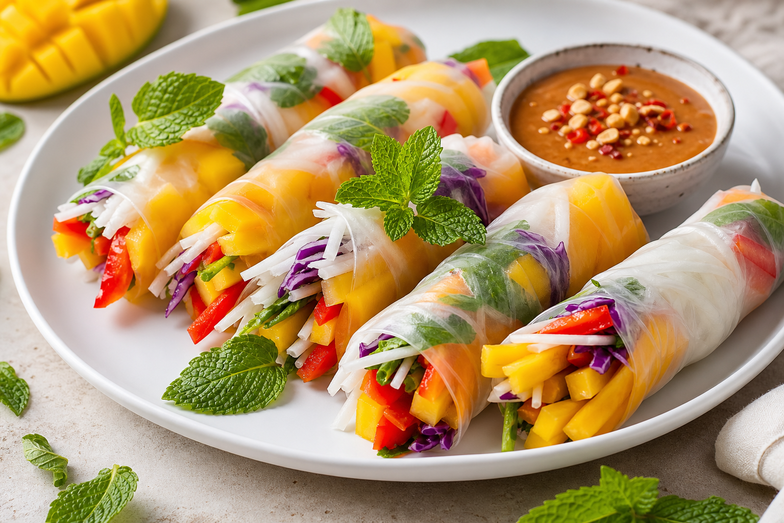 Jicama and Mango Summer Rolls with Spicy Peanut Dipping Sauce