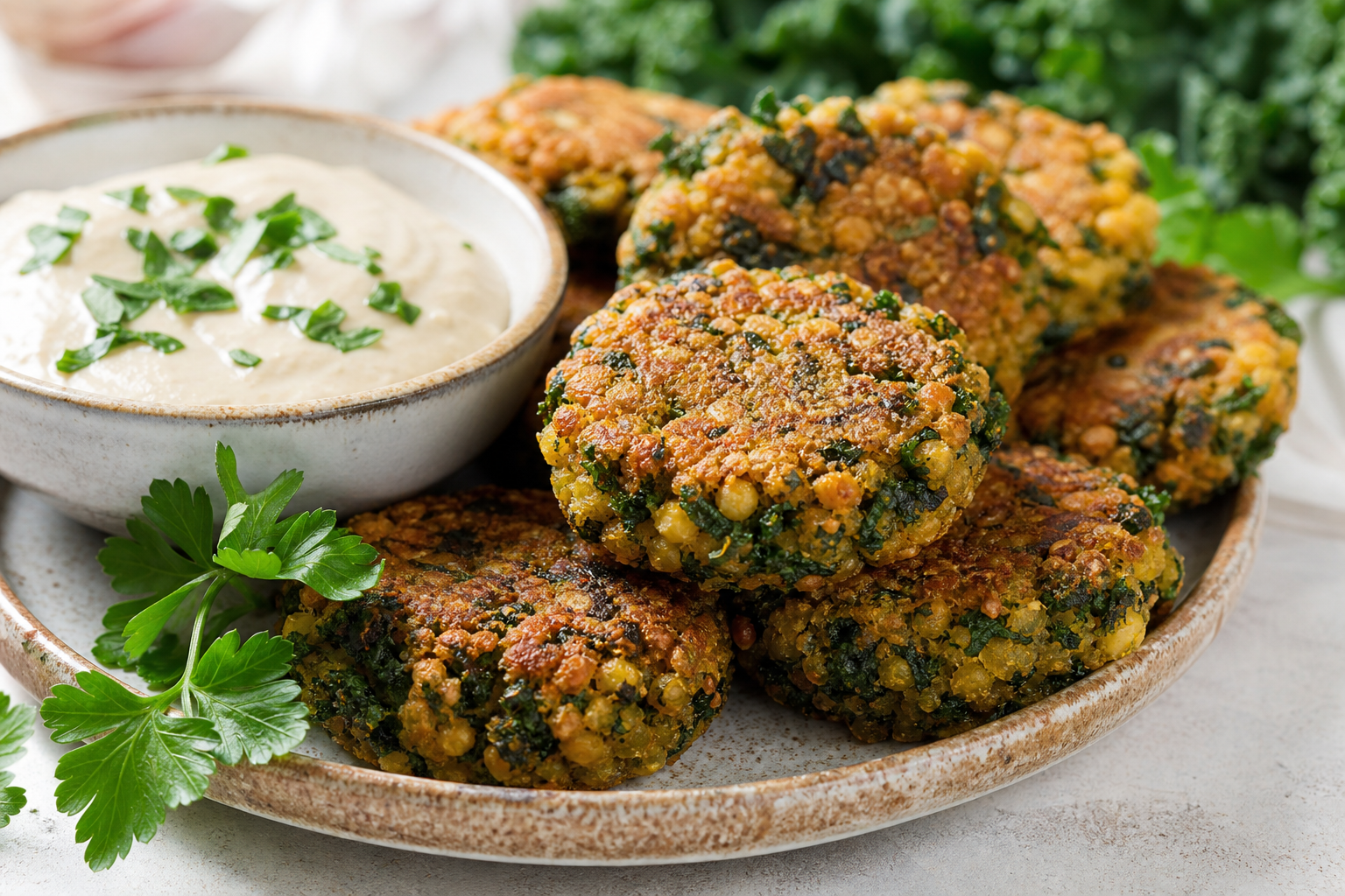 Kale and Chickpea Fritters with Tahini Dip