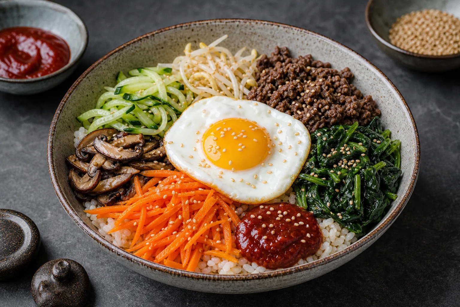 Korean beef bibimbap bowl with vegetables, rice, fried egg, and gochujang