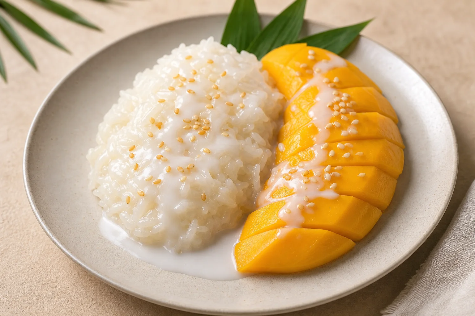 Mango sticky rice with coconut sauce and toasted sesame seeds