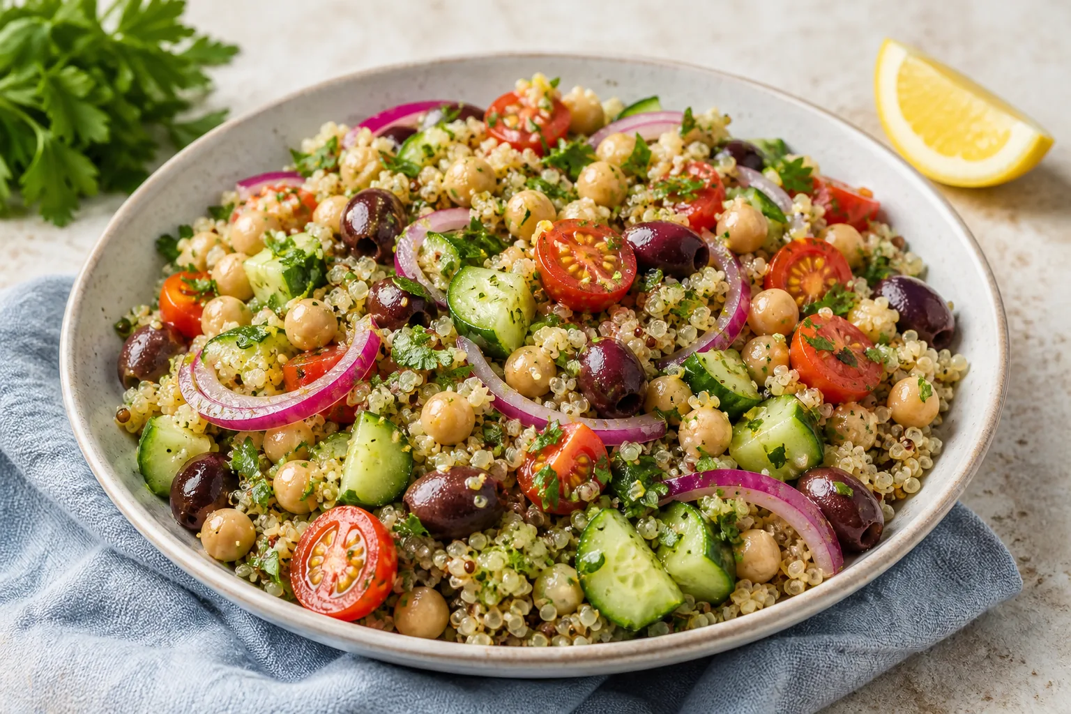 Mediterranean chickpea quinoa salad with cucumber, tomatoes, olives, and herbs