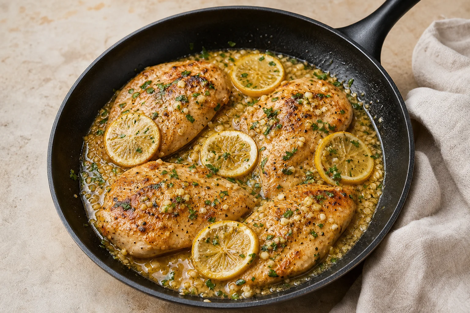 One-Pan Lemon Garlic Chicken with lemon slices and parsley in a skillet