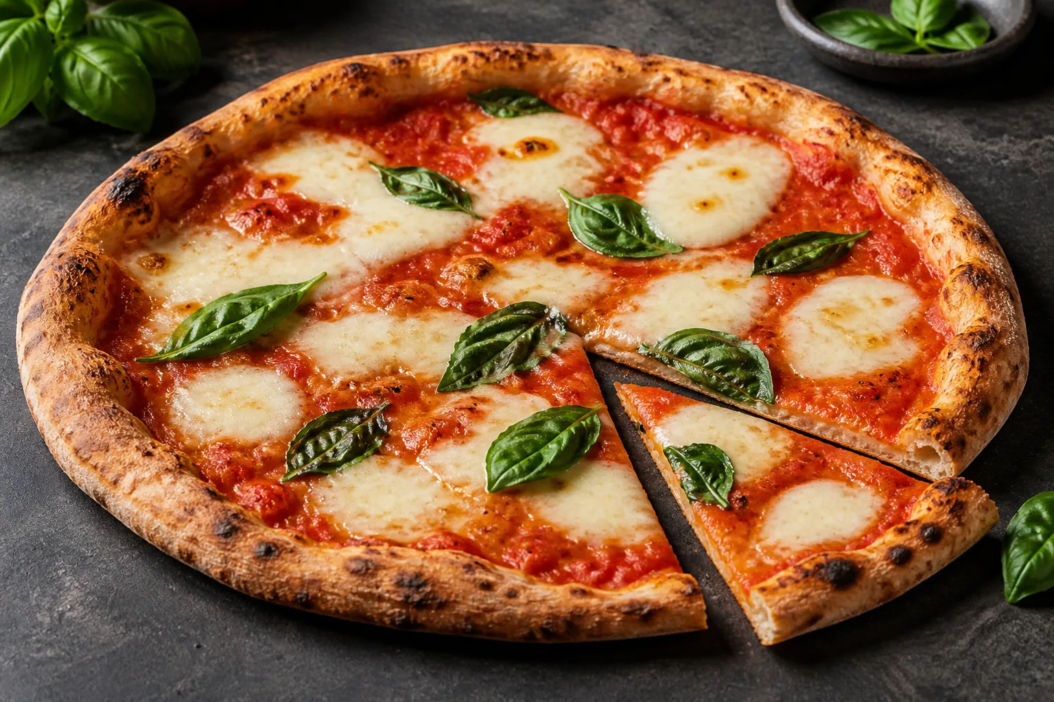 Classic Margherita pizza with tomato sauce, fresh mozzarella, basil, and blistered crust