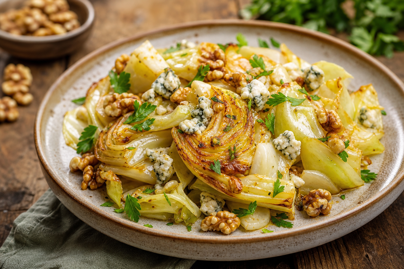 Roasted Cabbage Salad with Walnuts and Blue Cheese