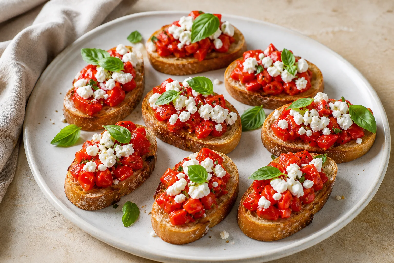 Roasted red pepper and feta crostini garnished with fresh basil