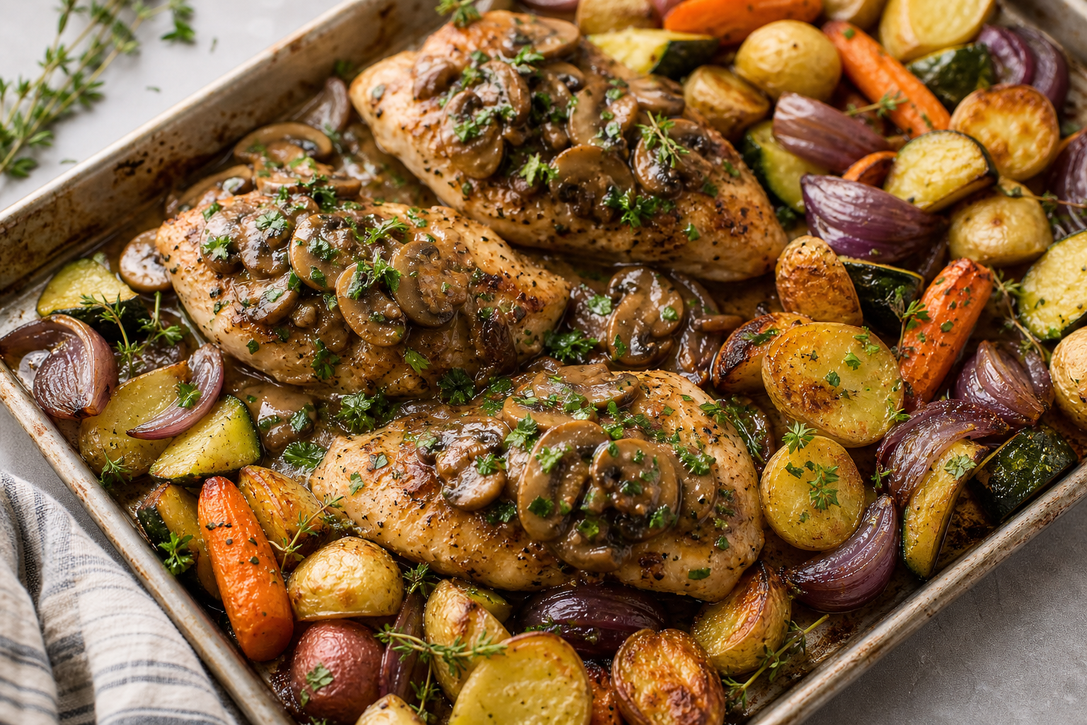 Sheet Pan Chicken Marsala with Mushrooms and Fresh Herbs