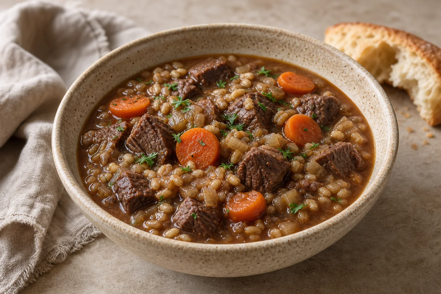 Slow cooker beef and barley stew with carrots and parsley in a ceramic bowl