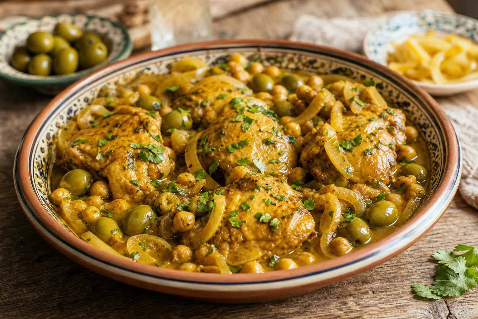 Moroccan chicken tagine with green olives, chickpeas, preserved lemon, and herbs