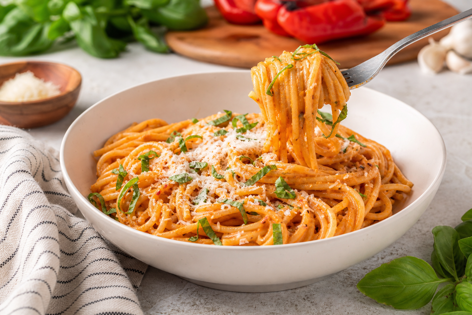 Spaghetti with Creamy Roasted Red Pepper Sauce