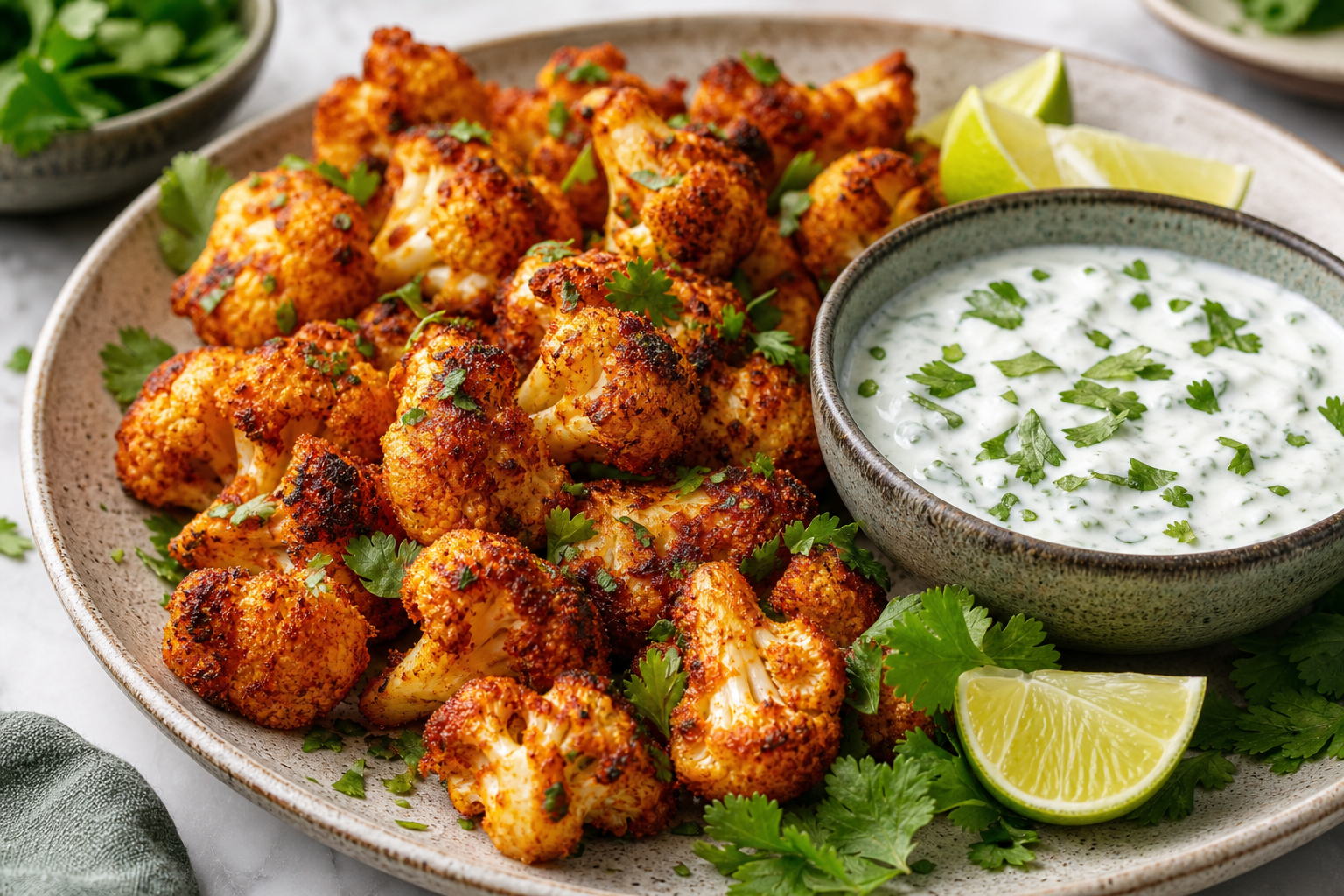 Spicy Roasted Cauliflower Bites with Cilantro Lime Dip