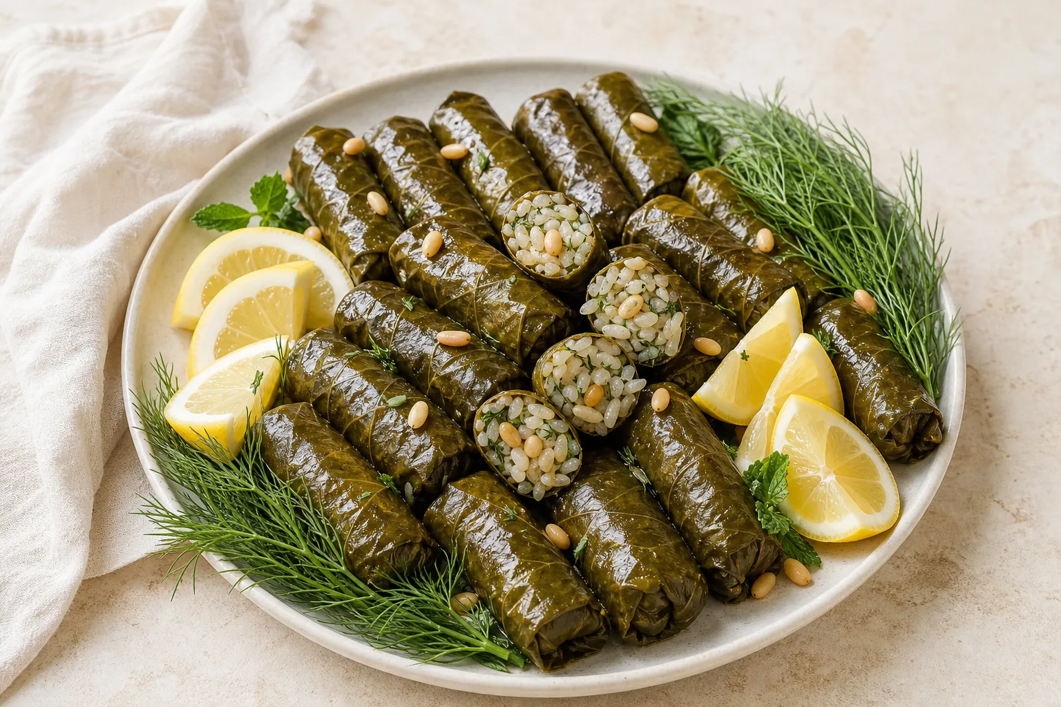 Mediterranean stuffed grape leaves filled with rice, pine nuts, and fresh herbs