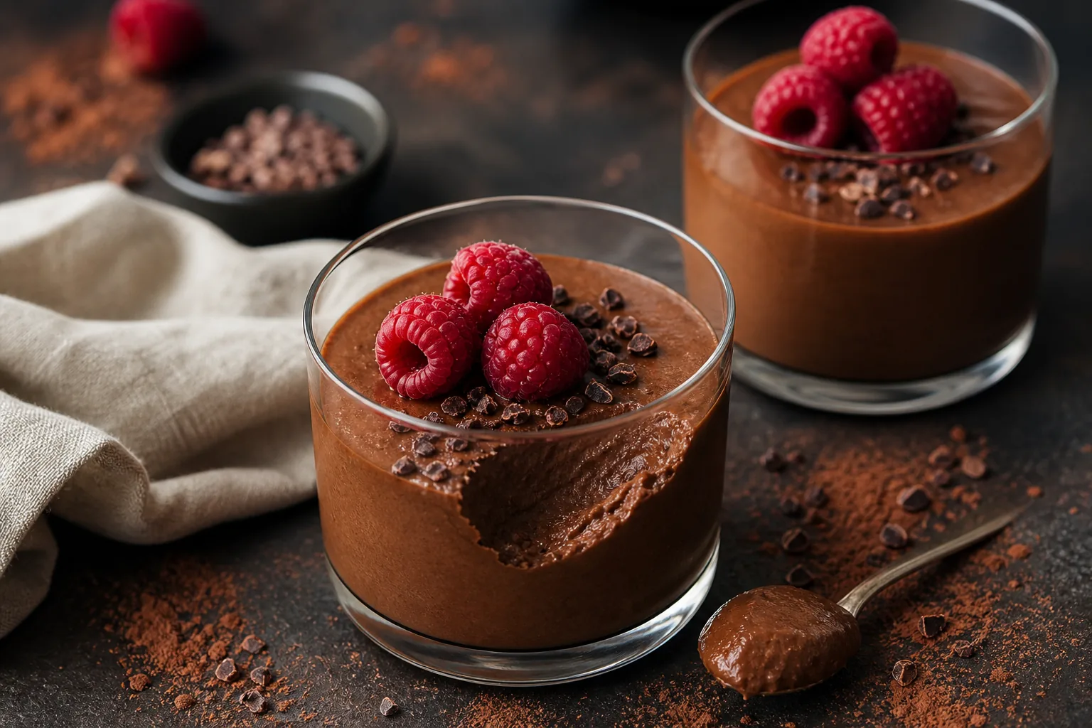 Vegan chocolate avocado mousse topped with raspberries and cacao nibs