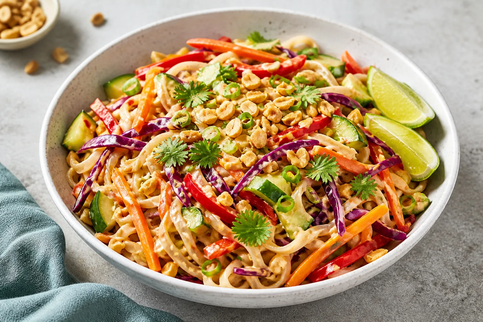 Vegan Thai peanut noodle salad with colorful vegetables, lime, and chopped peanuts