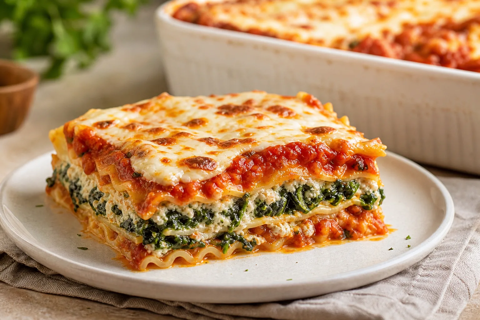 Vegetarian lasagna layered with fresh spinach, ricotta, tomato sauce, and mozzarella