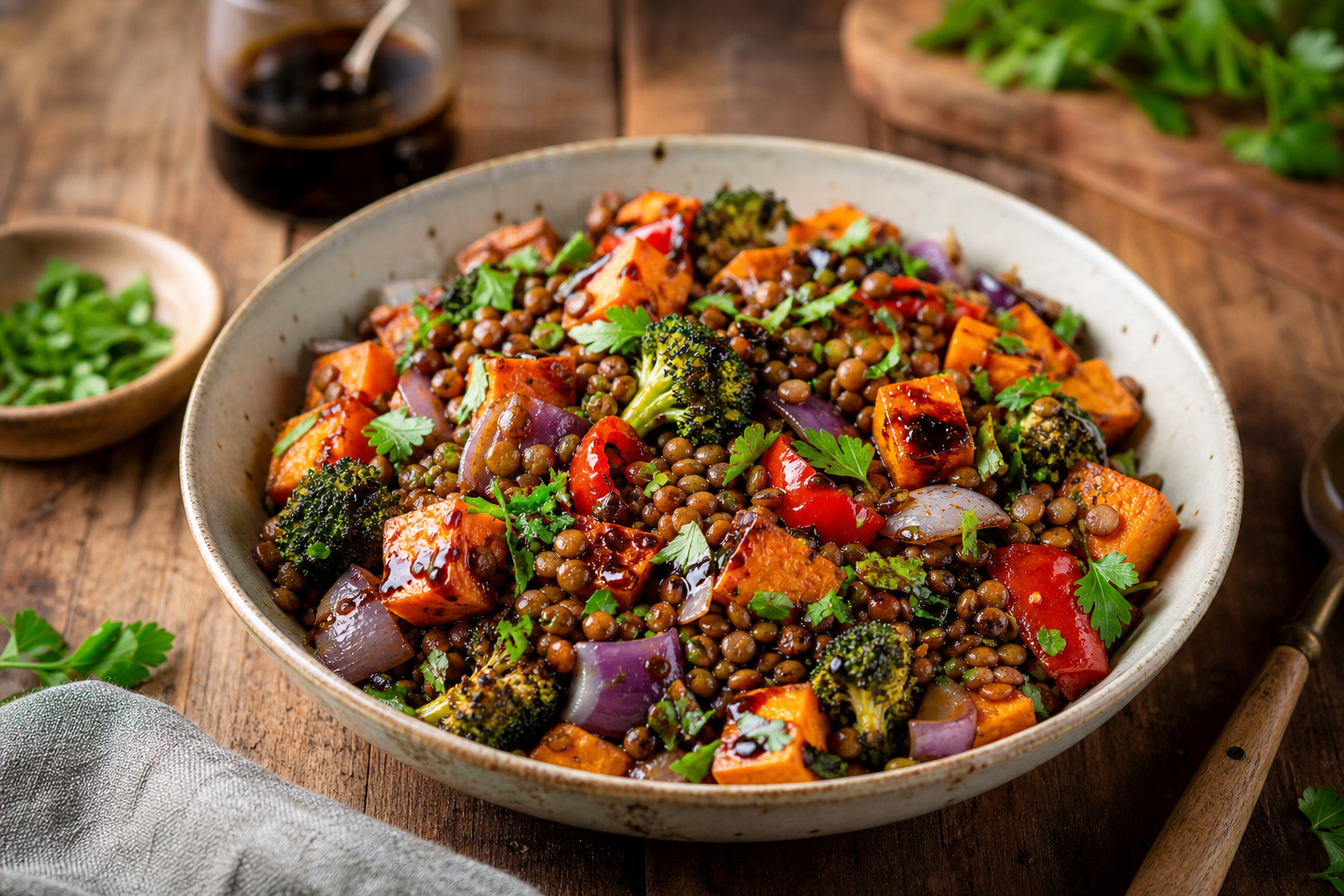 Warm Lentil and Roasted Vegetable Salad with Balsamic Vinaigrette