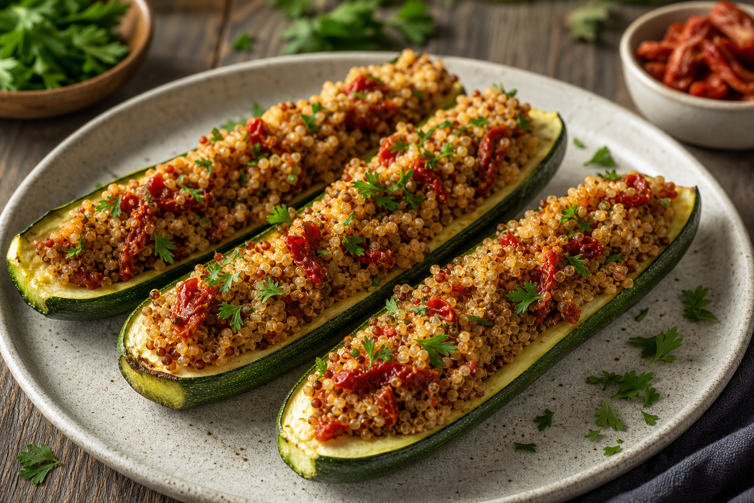 Air Fryer Stuffed Zucchini Boats with Quinoa and Sun-Dried Tomatoes