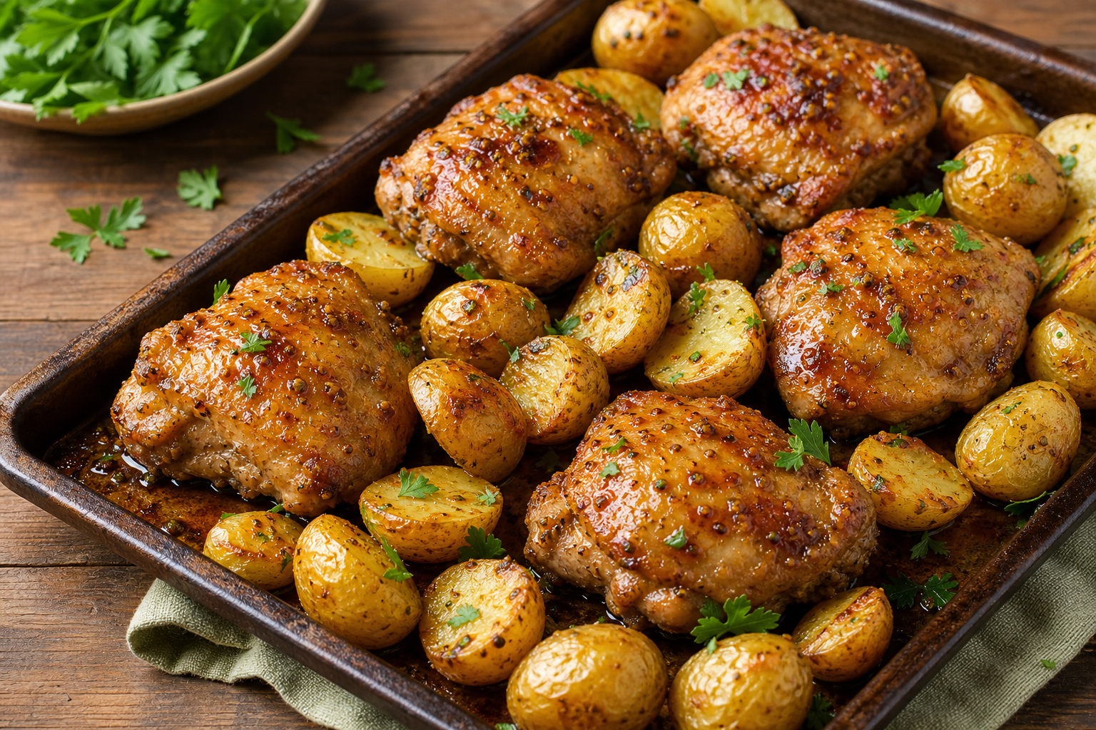 Baked Honey Mustard Chicken Thighs with Roasted Potatoes
