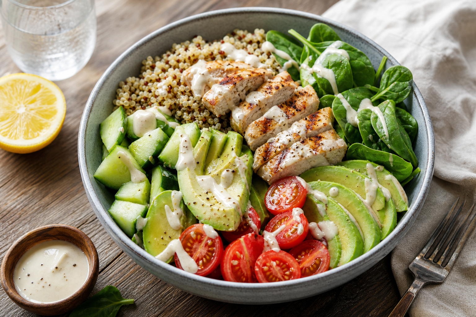 Chicken and Avocado Power Bowl with Lemon Tahini Dressing
