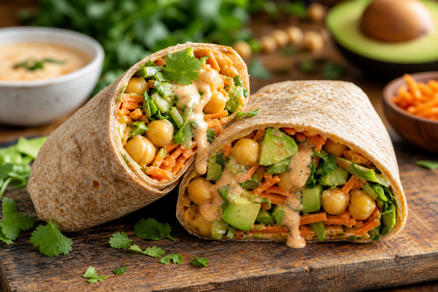 Chickpea and Avocado Wrap with Spicy Yogurt Sauce