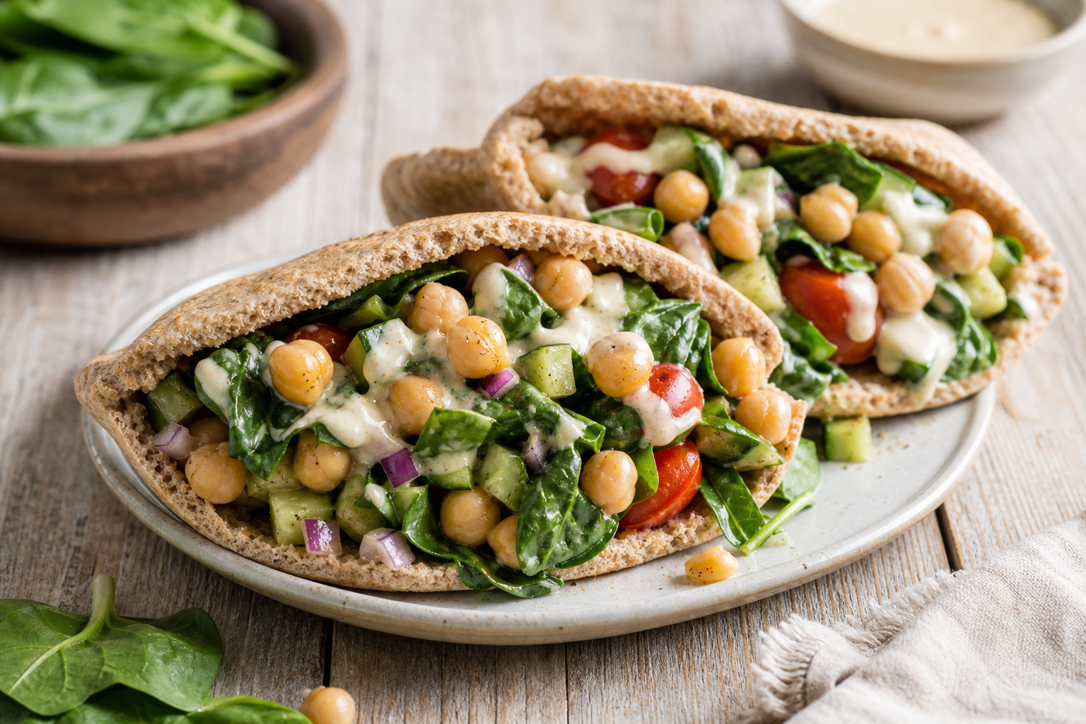 Chickpea and Spinach Stuffed Pita Pockets with Tahini Dressing