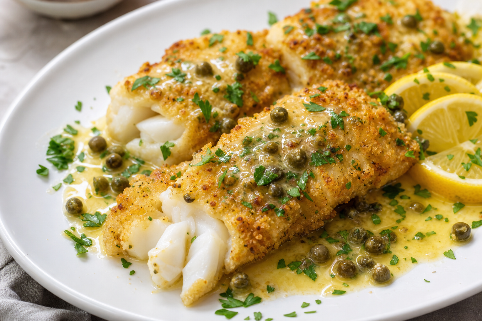 Crispy Baked Cod with Lemon Caper Sauce