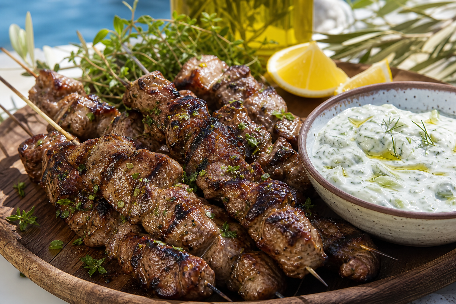 Greek Lamb Souvlaki Skewers with Tzatziki Sauce