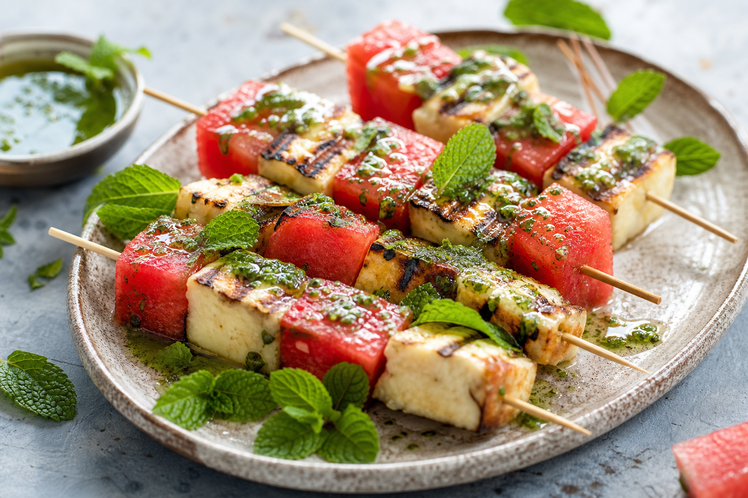 Grilled Halloumi and Watermelon Skewers with Mint Drizzle