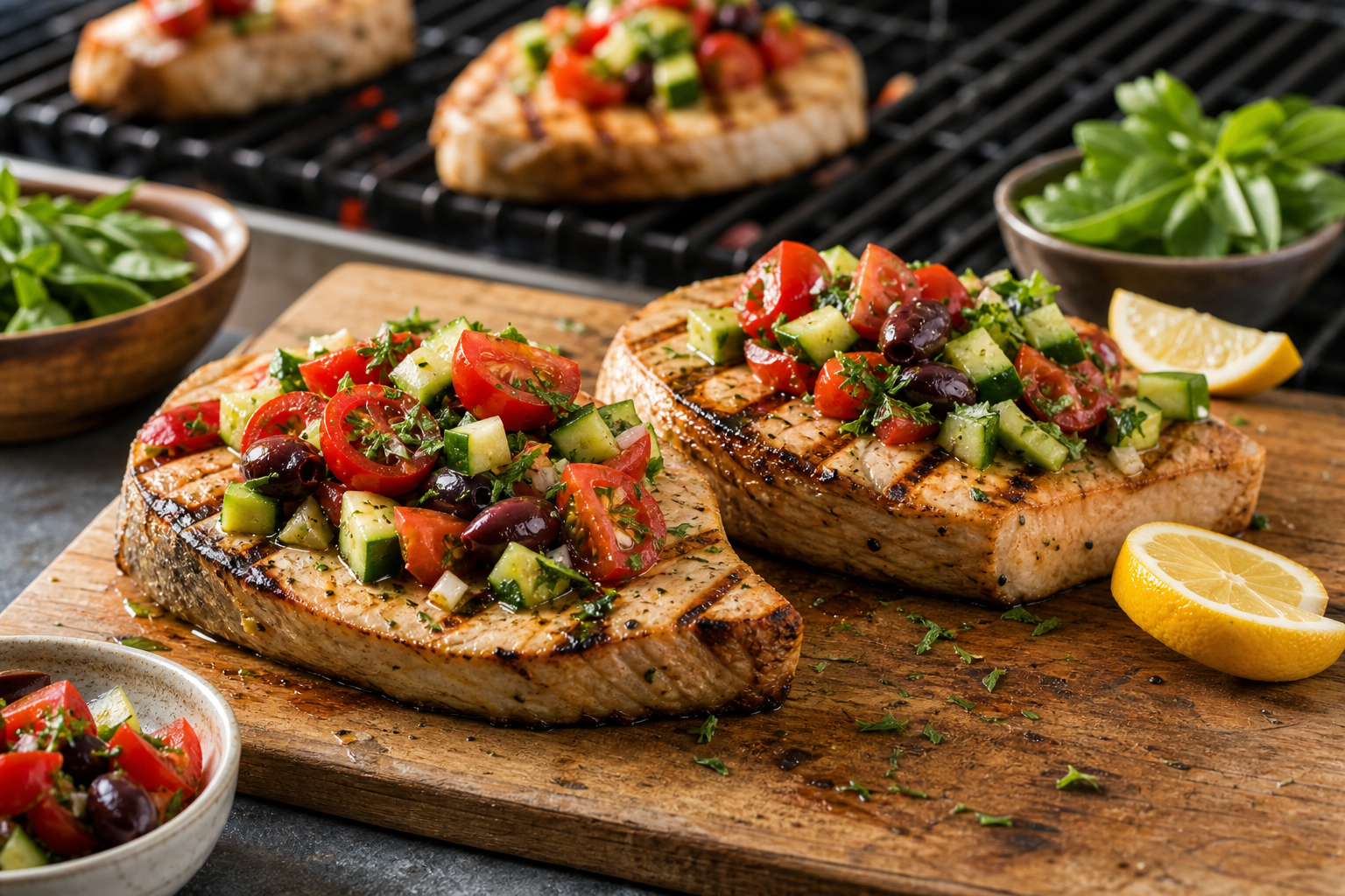 Grilled Swordfish Steaks with Mediterranean Salsa