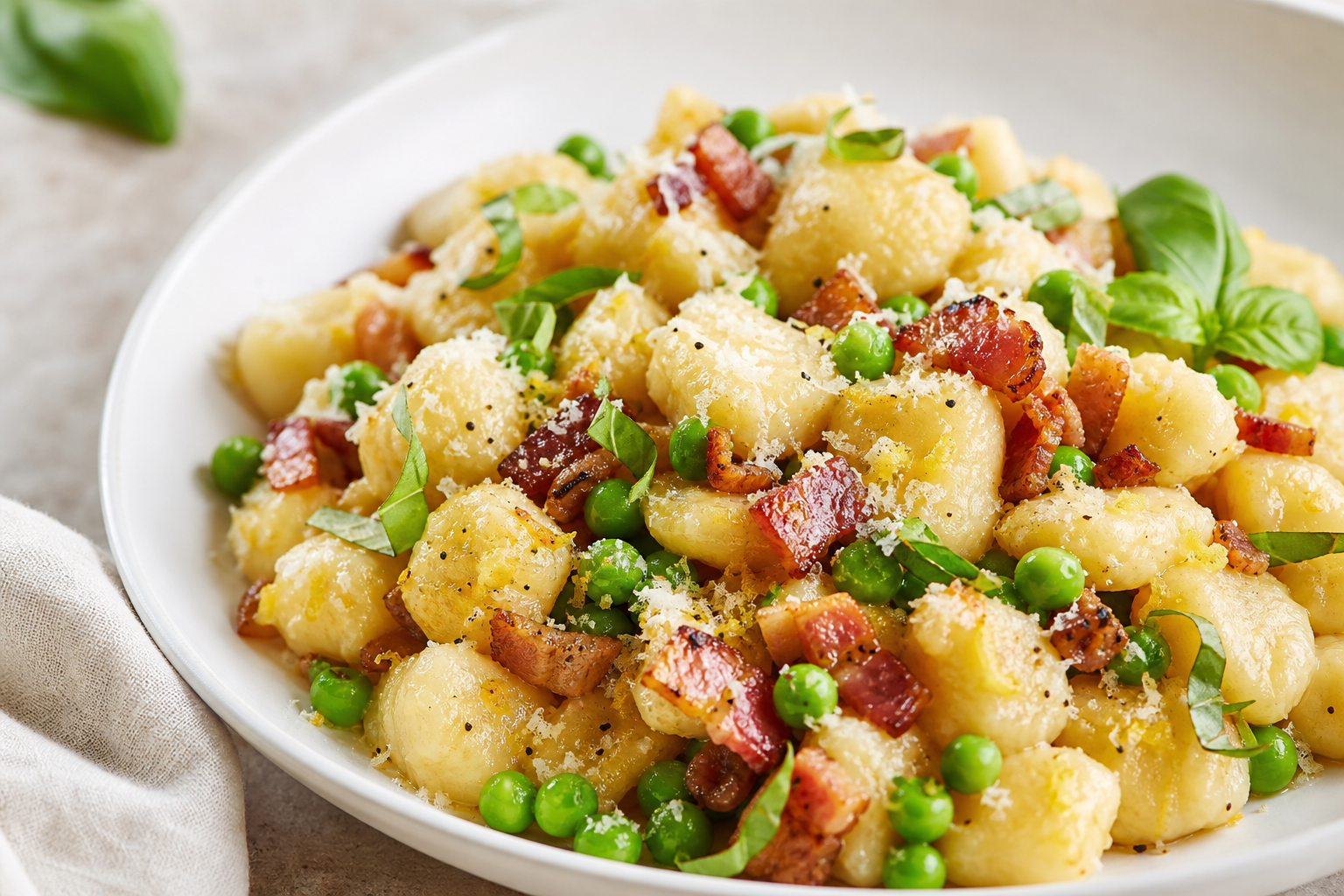 Lemon Ricotta Gnocchi with Peas and Pancetta