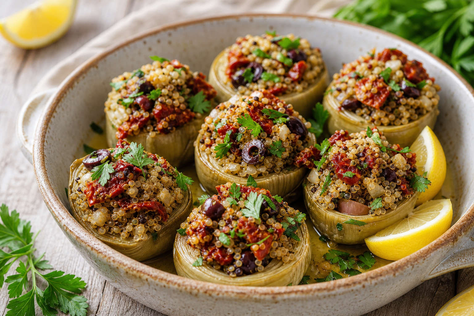 Mediterranean Stuffed Artichoke Bottoms