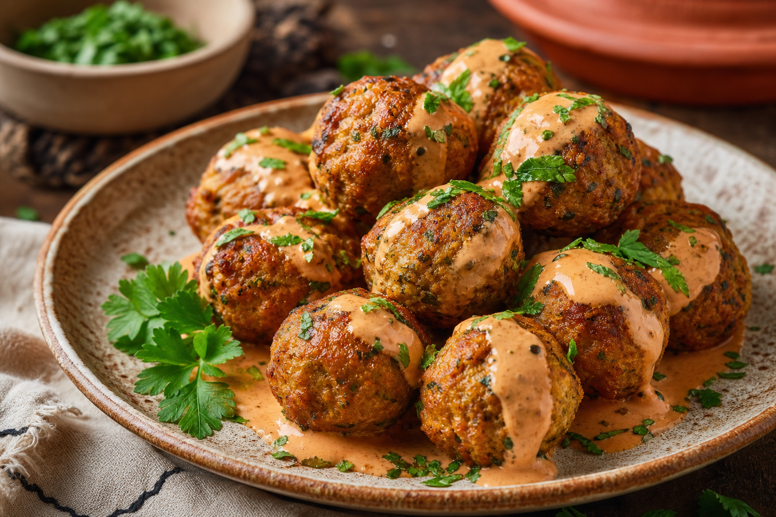 Moroccan-Spiced Turkey Meatballs with Harissa Yogurt Sauce