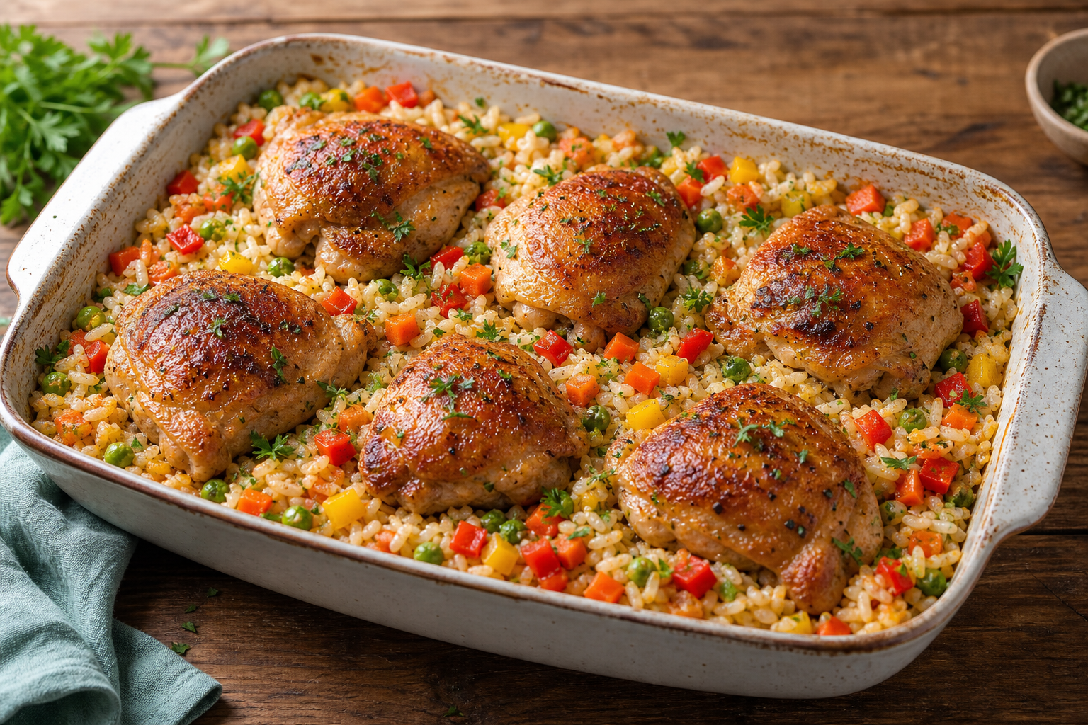 One-Pan Baked Chicken and Rice with Vegetables