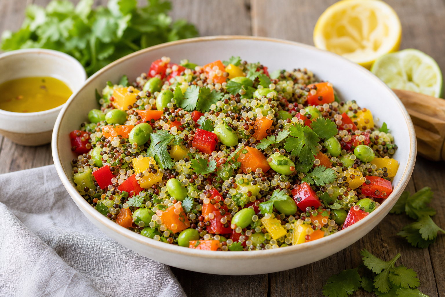 Rainbow Quinoa and Edamame Salad with Citrus Dressing