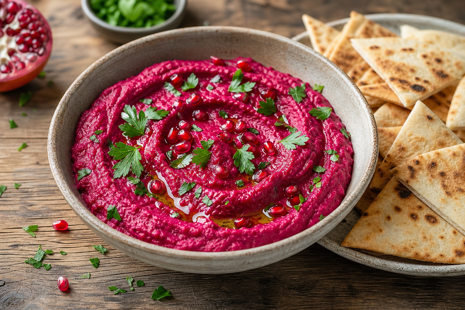 Roasted Beet Hummus with Pomegranate Seeds