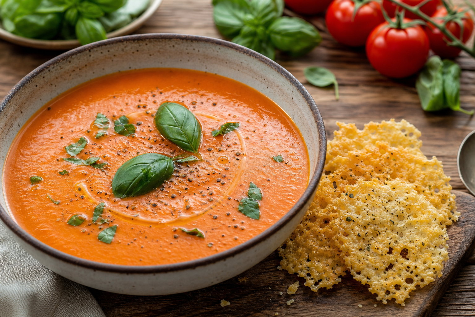 Roasted Tomato and Basil Soup with Parmesan Crisps