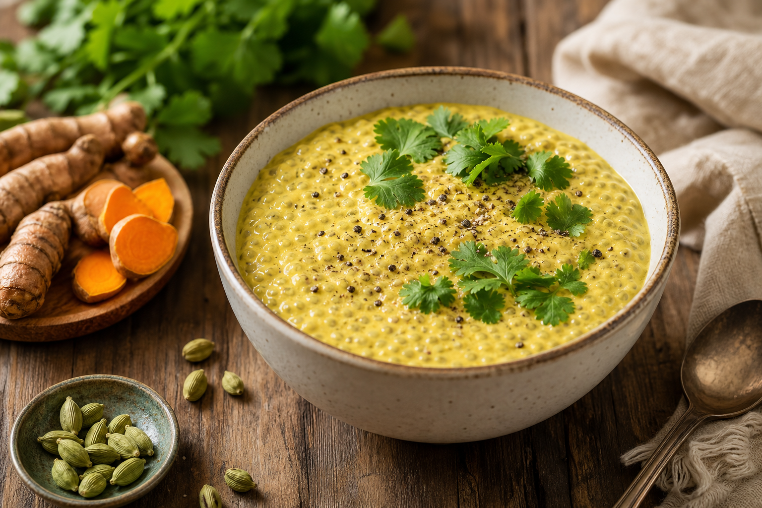 Savory Coconut Chia Pudding with Turmeric and Cardamom