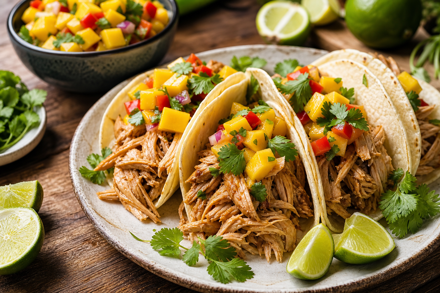 Slow Cooker Pulled Chicken Tacos with Mango Salsa