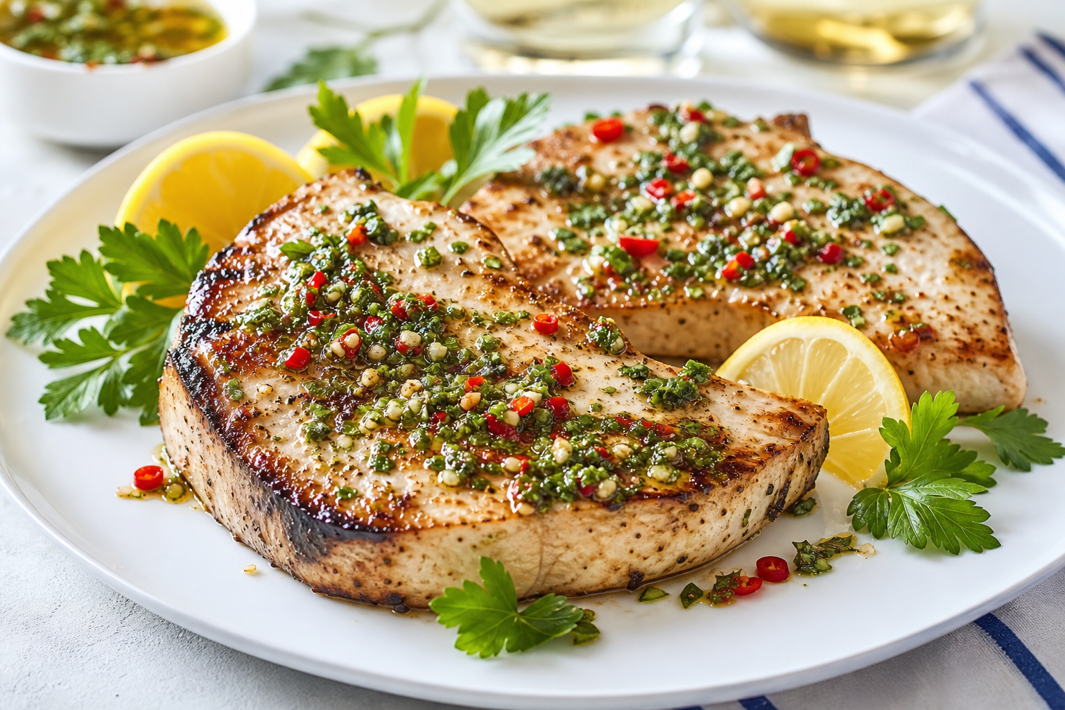 Spicy Baked Swordfish Steaks with Fresh Herb Dressing