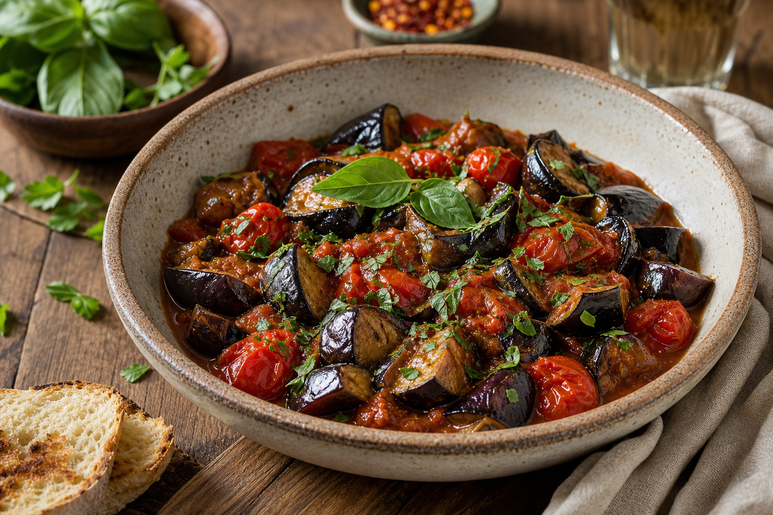 Spicy Roasted Eggplant and Tomato Stew