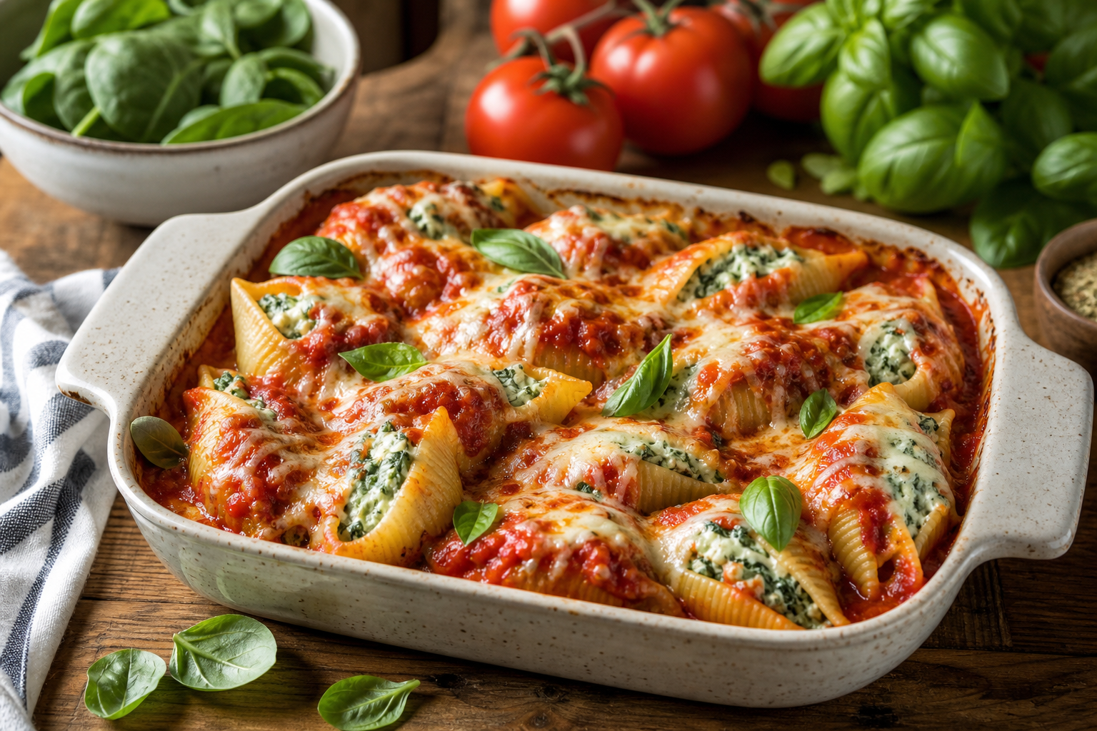 Spinach Ricotta Stuffed Shells with Tomato Basil Sauce