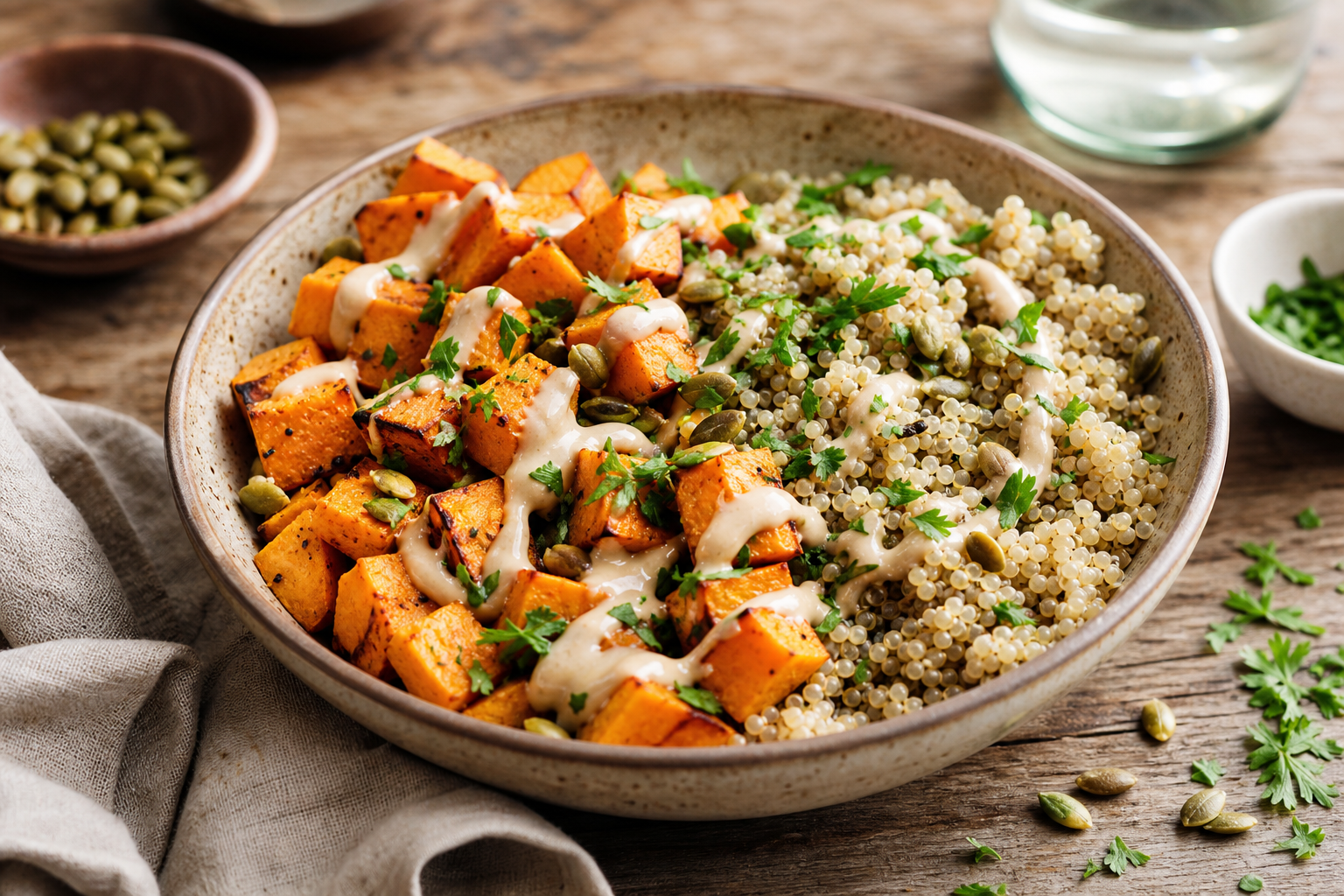 Sweet Potato and Quinoa Breakfast Bowl with Tahini Drizzle